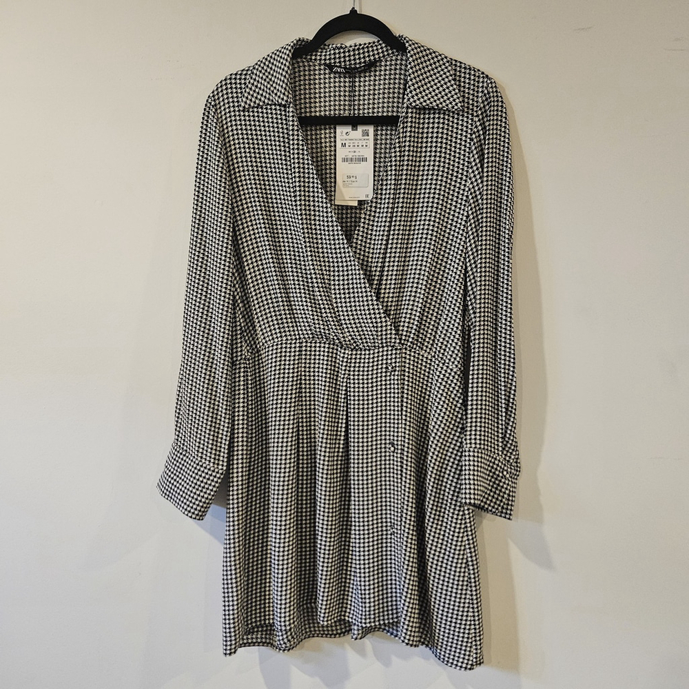 ZARA Houndstooth Wrap Dress Size M Black White Long Sleeve Collared NWT